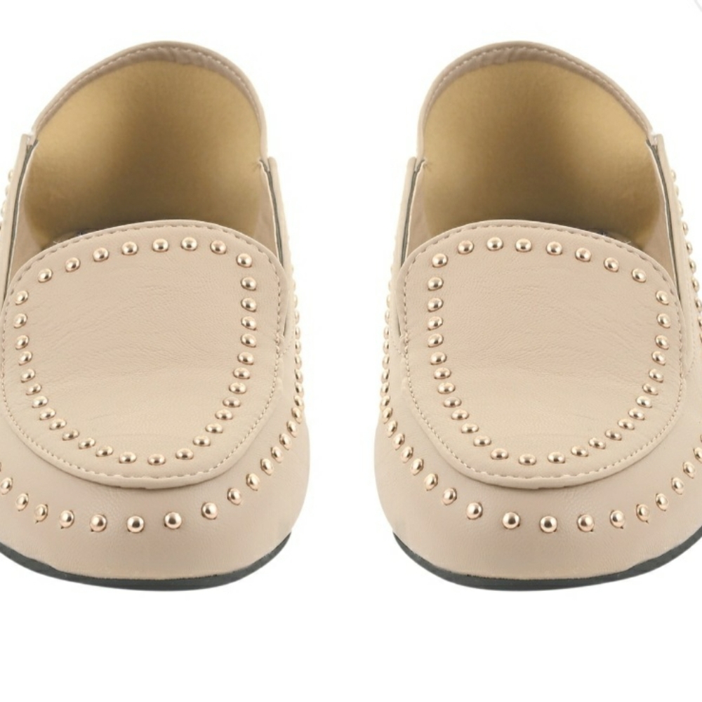 Seven7, size 6 nude slip-ons with gold studs.